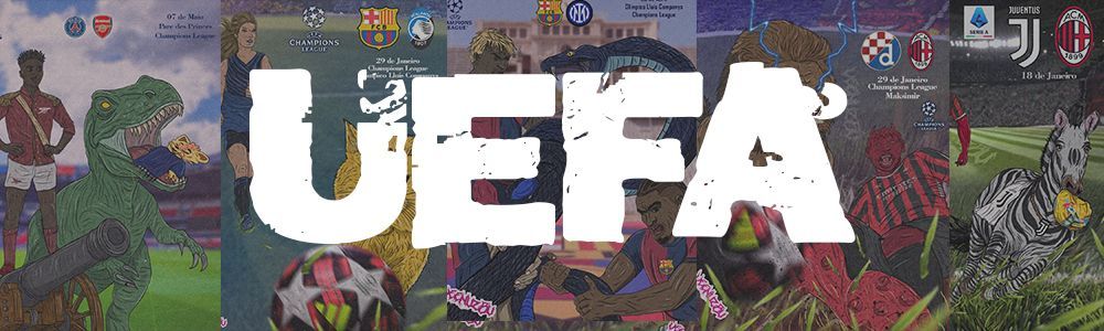 Logotipo da UEFA sobre uma colagem colorida de futebol com jogadores e cenas de estádio.