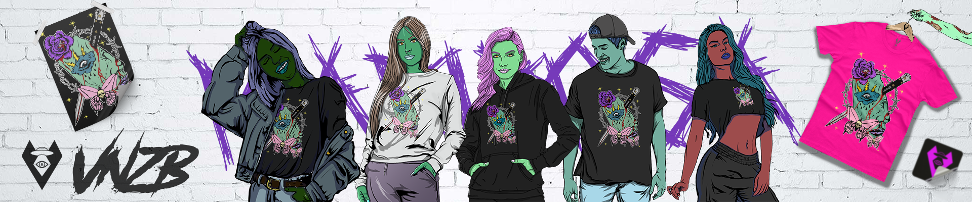 Colagem colorida de streetwear com cinco figuras, detalhes em roxo e verde e estampas ousadas em estilo grafite.