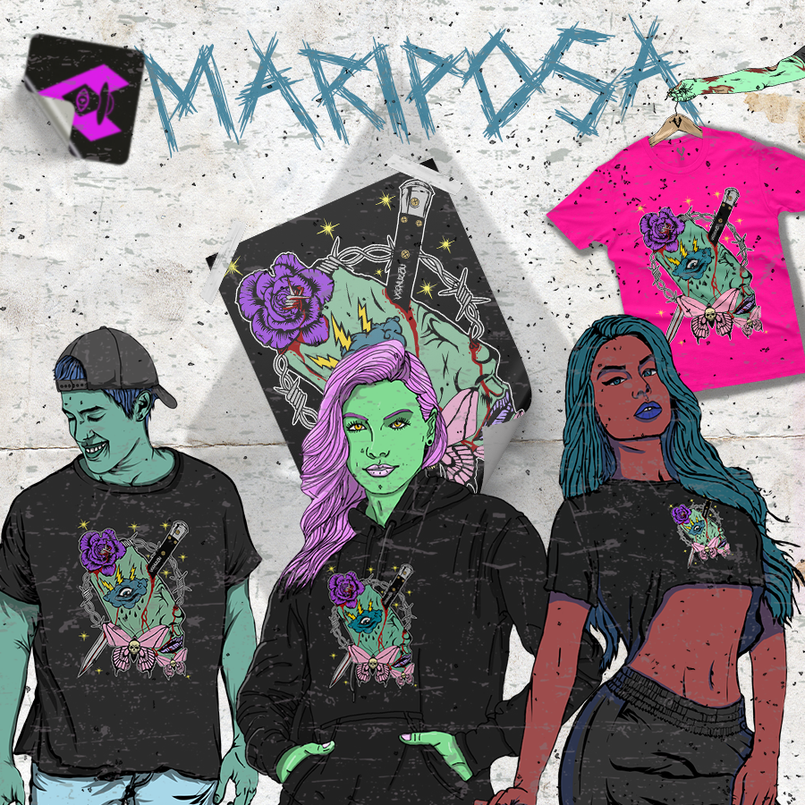Quatro figuras estilizadas com roupas streetwear coloridas sob texto de grafite, com um fundo rosa e estilo de arte urbana.