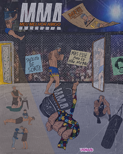 Pôster de luta de MMA com lutadores, ringue e torcida vibrando em uma cena dramática de arena.