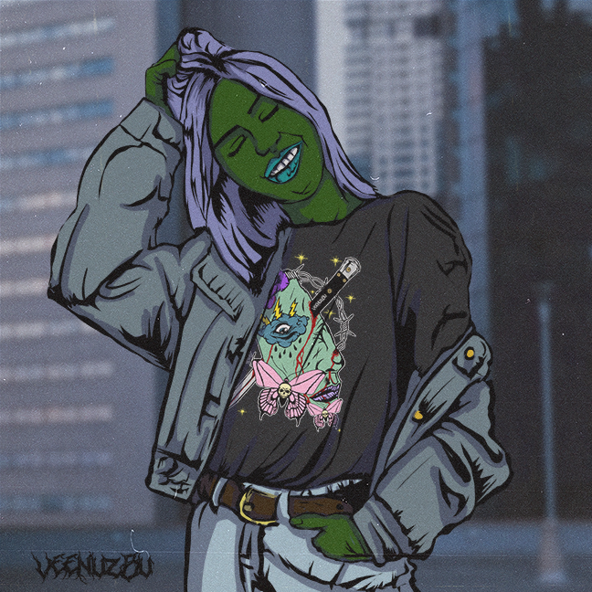 Figura estilizada com rosto verde e cabelo roxo, sorrindo em uma jaqueta cinza contra um fundo urbano desfocado.