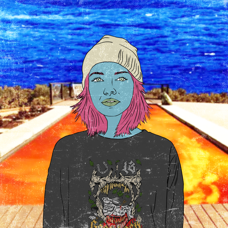 Retrato estilizado de uma pessoa com gorro e camiseta estampada contra um fundo desértico em tons de azul e laranja vibrantes.