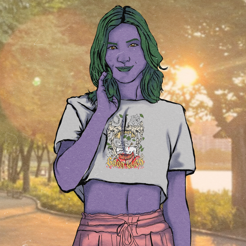 Uma mulher estilizada com cabelo verde está em um parque ensolarado, sorrindo e tocando o rosto.