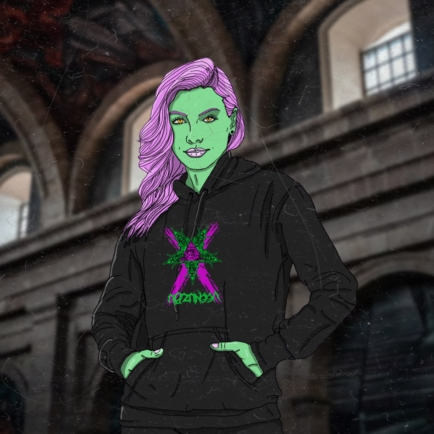 Figura estilizada com cabelo roxo e rosto verde, vestindo um moletom preto com capuz, em pé em um salão de pedra pouco iluminado.