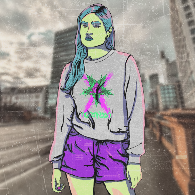 Mulher estilizada com moletom cinza e shorts roxos em pé em uma rua chuvosa da cidade.