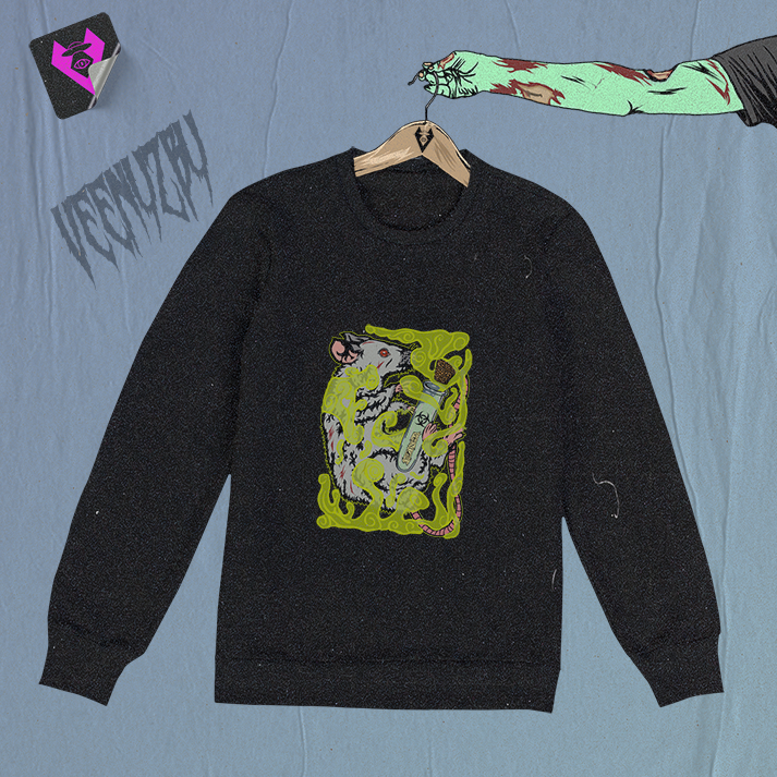 Moletom preto pendurado em um cabide com estampa verde neon na frente sobre um fundo cinza.