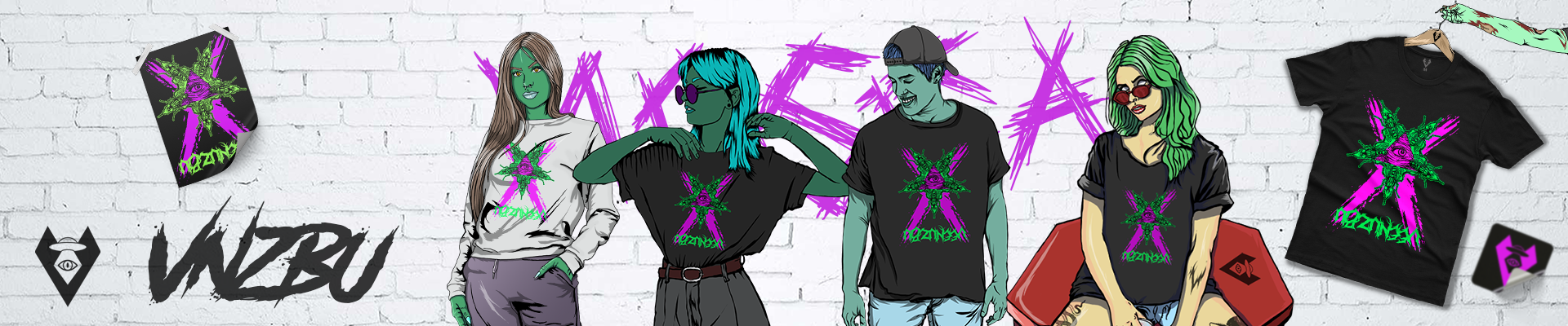 Colagem gráfica de um design streetwear preto e rosa com moletons, camisetas, bonés e elementos de logotipo.