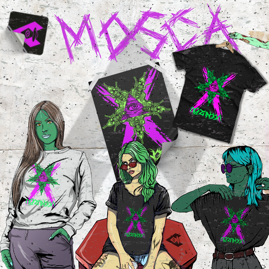 Quatro camisetas com estampas em estilo punk, com desenhos em tons de roxo neon e verde sobre um fundo grunge.