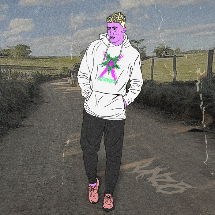 Pessoa em pé numa estrada rural, vestindo um casaco com capuz branco, calças pretas e sapatos rosa sob um céu nublado.