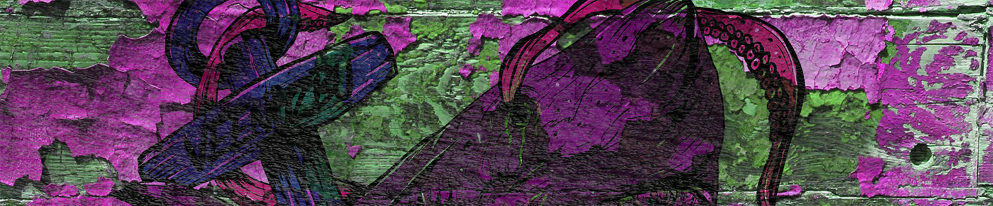 Arte abstrata texturizada em tons de vermelho e verde-azulado com linhas escuras que lembram esboços e padrões em camadas.