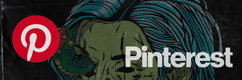 Youtube Veenuzbu Logotipo do Pinterest sobre um fundo escuro ilustrado com um ícone de alfinete vermelho à esquerda.