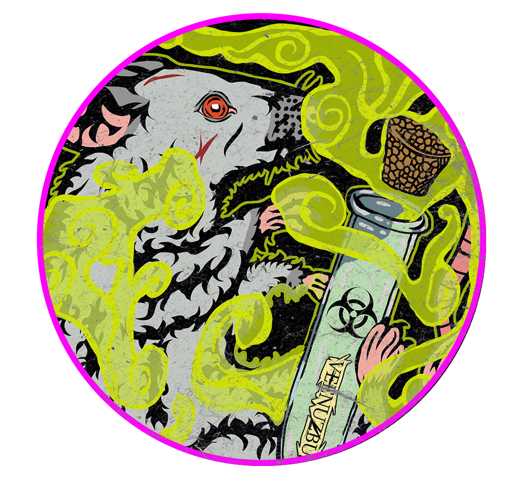 Rato de desenho animado circular em meio a fumaça verde neon, segurando um baseado de cannabis e um bong de vidro sobre um fundo preto.