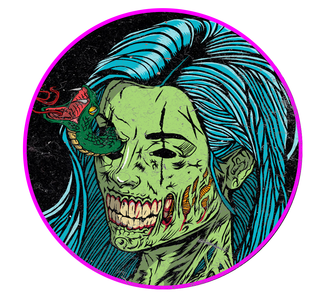 Cabeça de zumbi verde com cabelo azul e uma rosa vermelha, emoldurada por um círculo roxo.