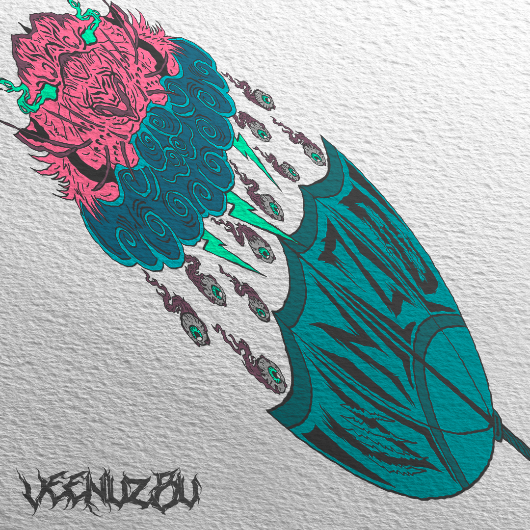 Desenho abstrato de um foguete em tons de turquesa e rosa explodindo com rastros de fumaça sobre um fundo cinza texturizado.