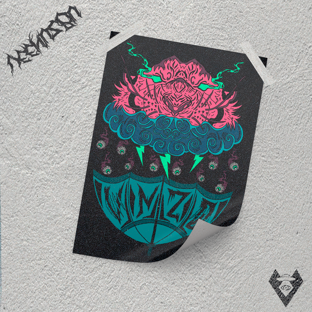Grafite com adesivo preto em uma parede, apresentando flores estilizadas em rosa e verde-azulado e um emblema verde-azulado.
