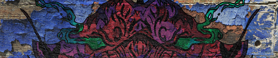Pintura abstrata de uma figura vermelha em meio a pinceladas azuis, verdes e roxas sobre uma tela texturizada.