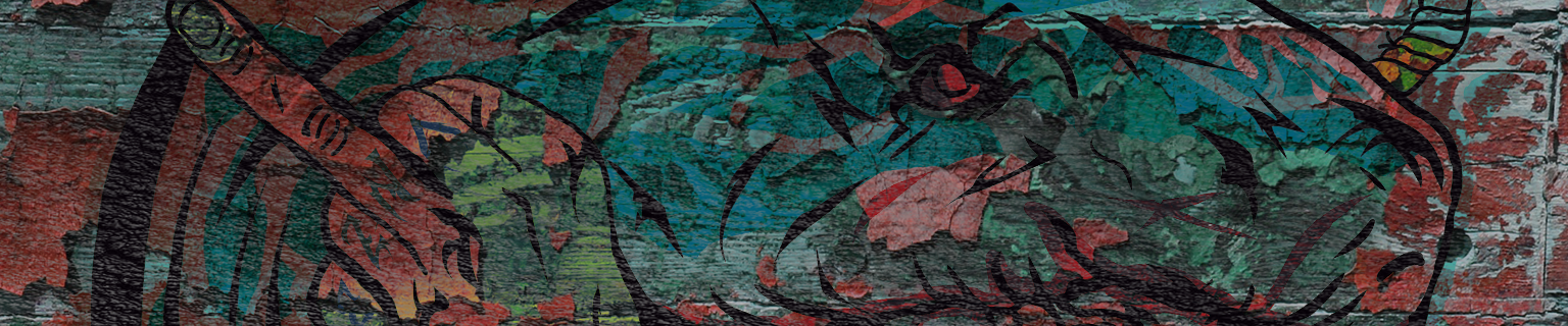 Arte abstrata texturizada em tons de vermelho e verde-azulado com linhas escuras que lembram esboços e padrões em camadas.