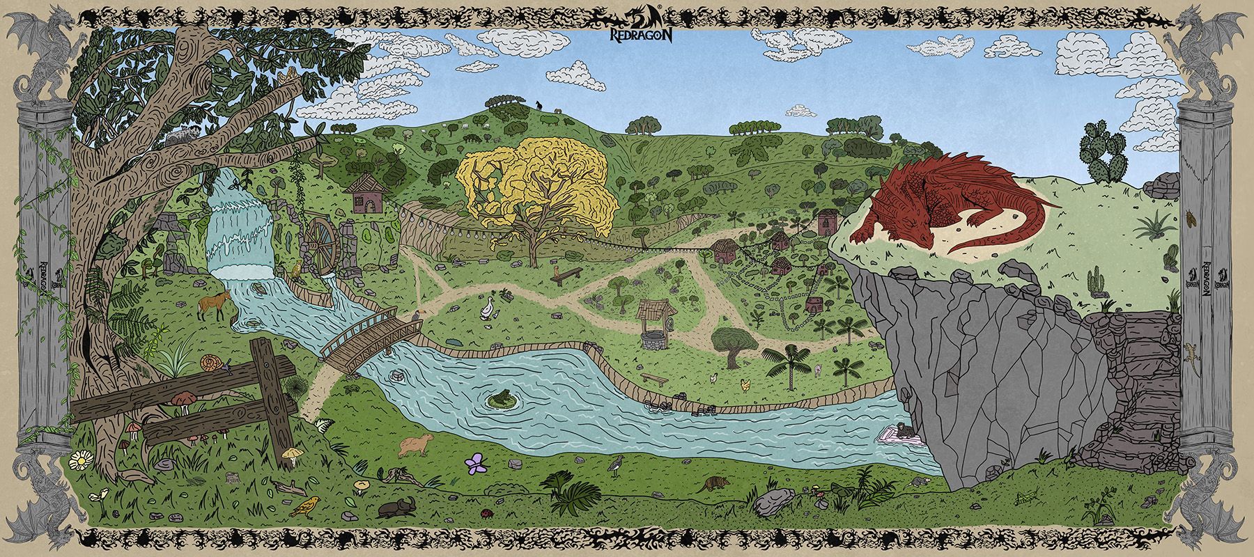 Paisagem em pixel art com um rio sinuoso, colinas verdes, árvores e uma torre de pedra com telhado vermelho sob um céu azul.