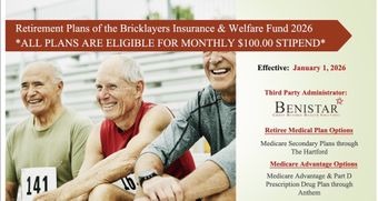 Three older men smiling, sitting together. Retirement plan advertisement with text and logo.
