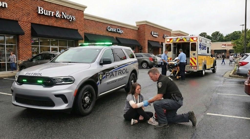 Police officer kneels with a person on wet pavement beside a police SUV and tow truck outside stores