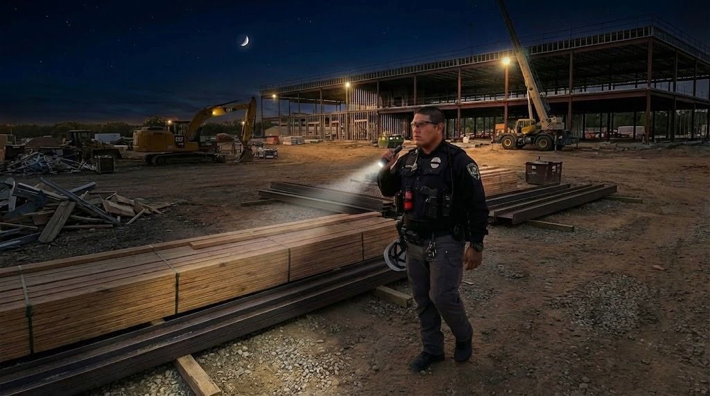 Worker in a hard hat stands at a construction site at dusk, with steel framing and materials behind him.