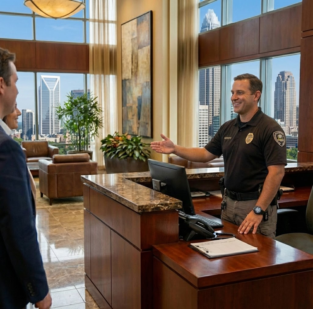 Two men talking at a polished office desk with city skyline views behind them.