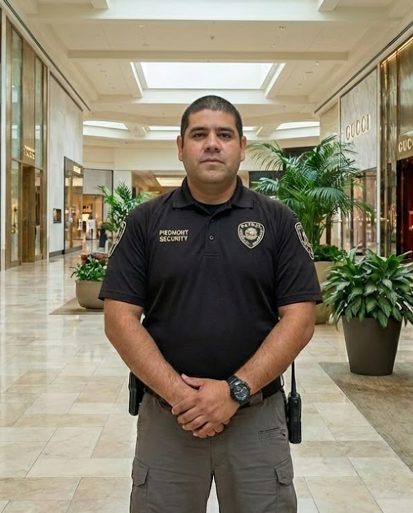 Security guard standing in a bright mall corridor, wearing a black polo and gray cargo pants.