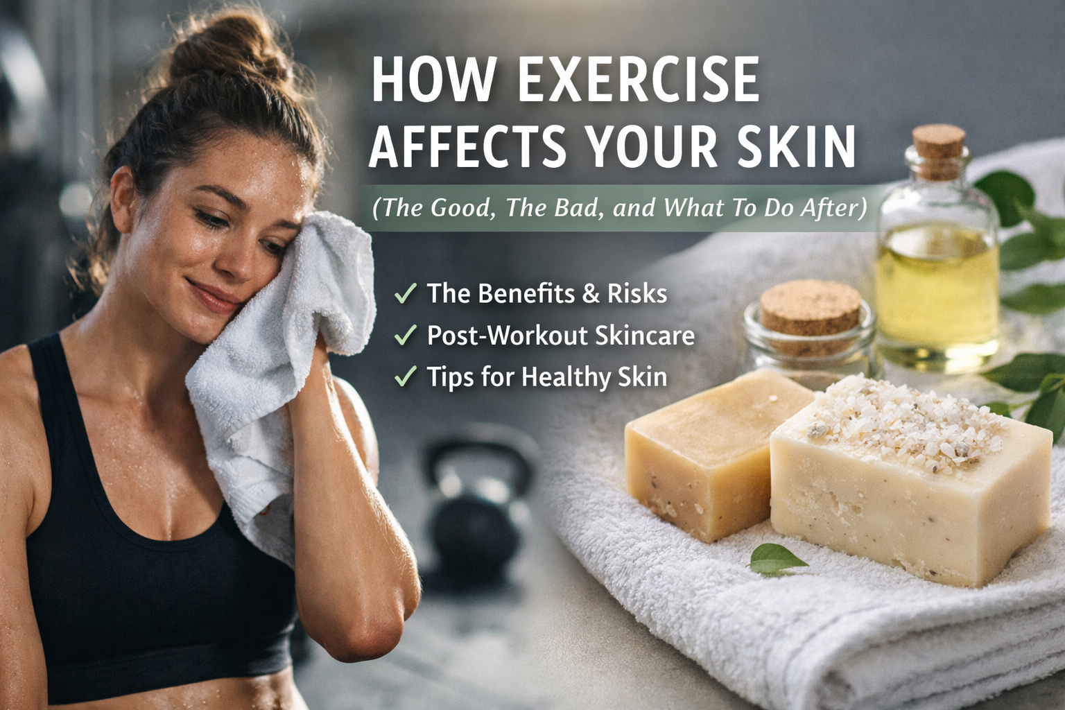 Woman wiping sweat after workout beside natural goat milk soap on towel, exercise and skin health