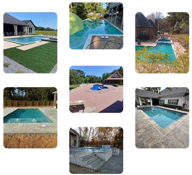 A collage of pictures of swimming pools and houses