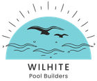 A logo for wilhite pool builders with birds flying over the ocean