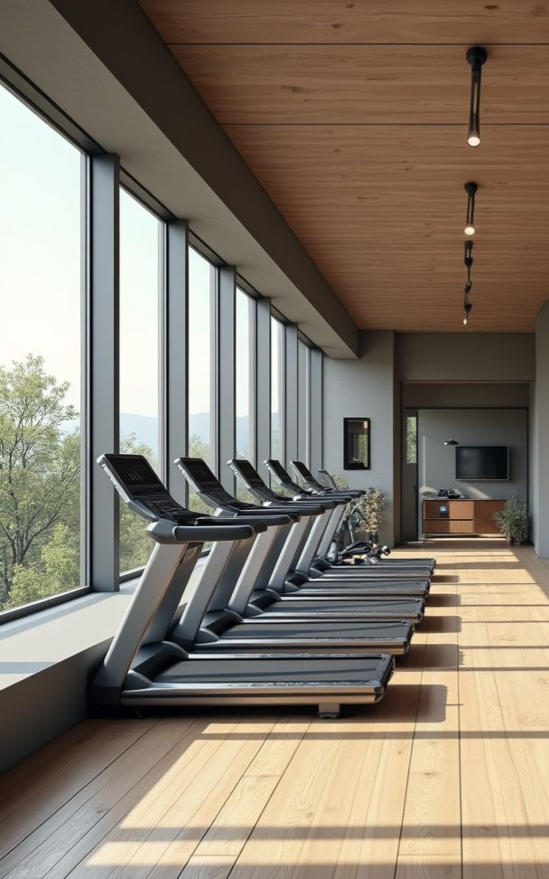 A row of treadmills facing floor-to-ceiling windows in a modern gym with wood flooring and ceiling lights.