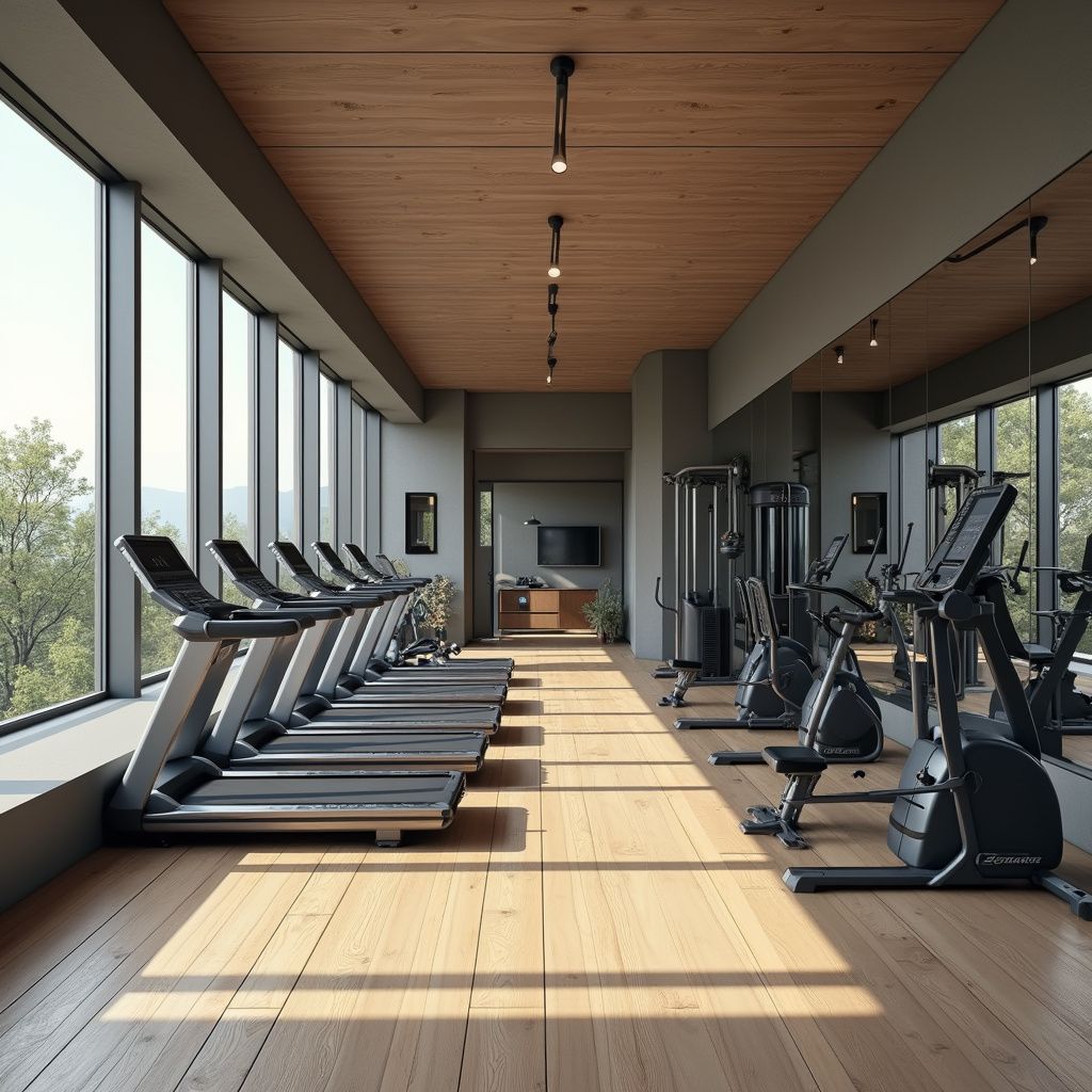A modern gym with rows of treadmills by floor-to-ceiling windows, wooden floors, and workout equipment reflecting in a mirror.