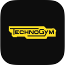 The Technogym logo, featuring yellow bold text on a black, rounded square background.