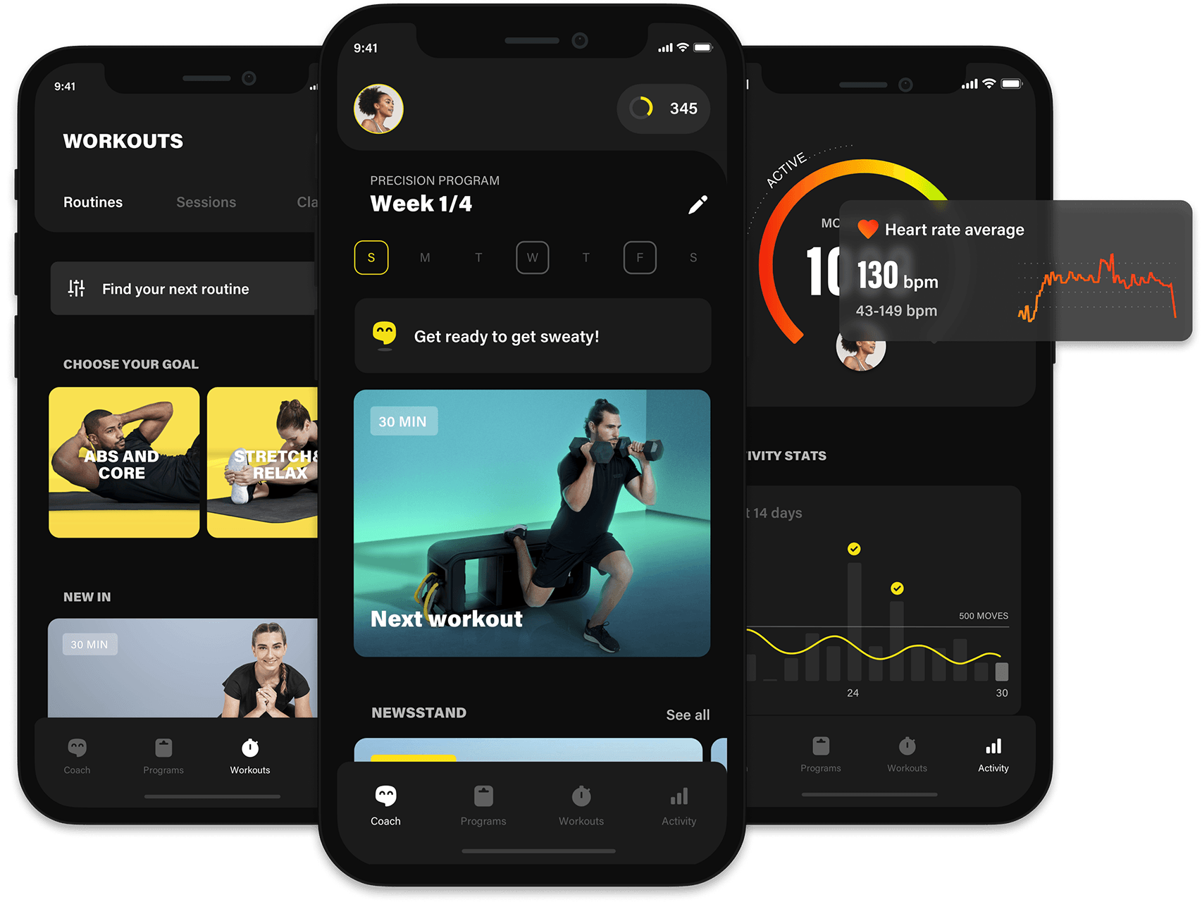Three smartphones display a dark-themed fitness app showing workout routines, an exercise demo, and heart rate data.