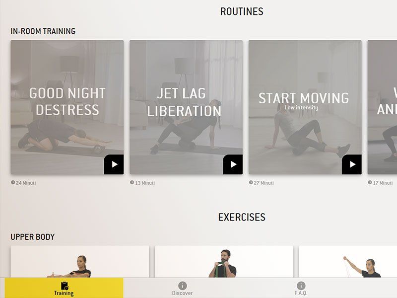 A training app interface featuring workout routines like 