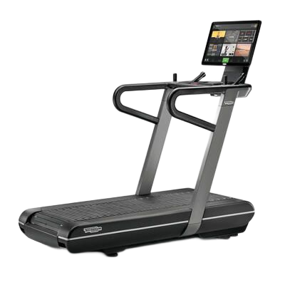 A sleek, black Technogym Skillrun treadmill with a digital console screen against a white background.