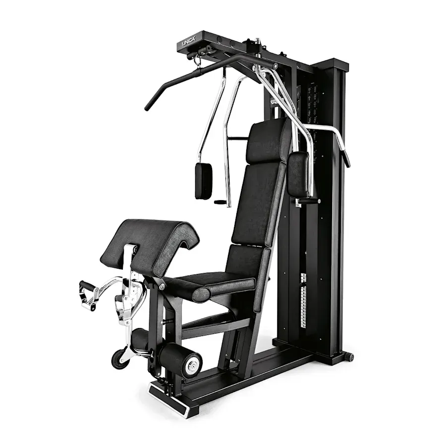 Black home gym multi-station with a seated bench, lat pulldown bar, and leg extension attachment on a white background.