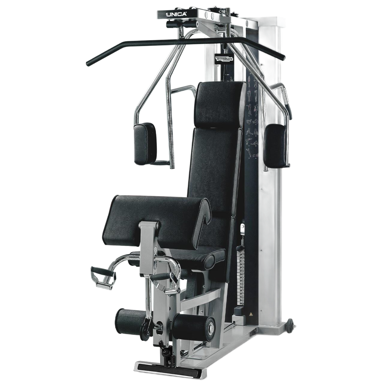 A black and silver multi-gym workout station with a padded seat, leg extension attachment, and overhead pull-down bar.