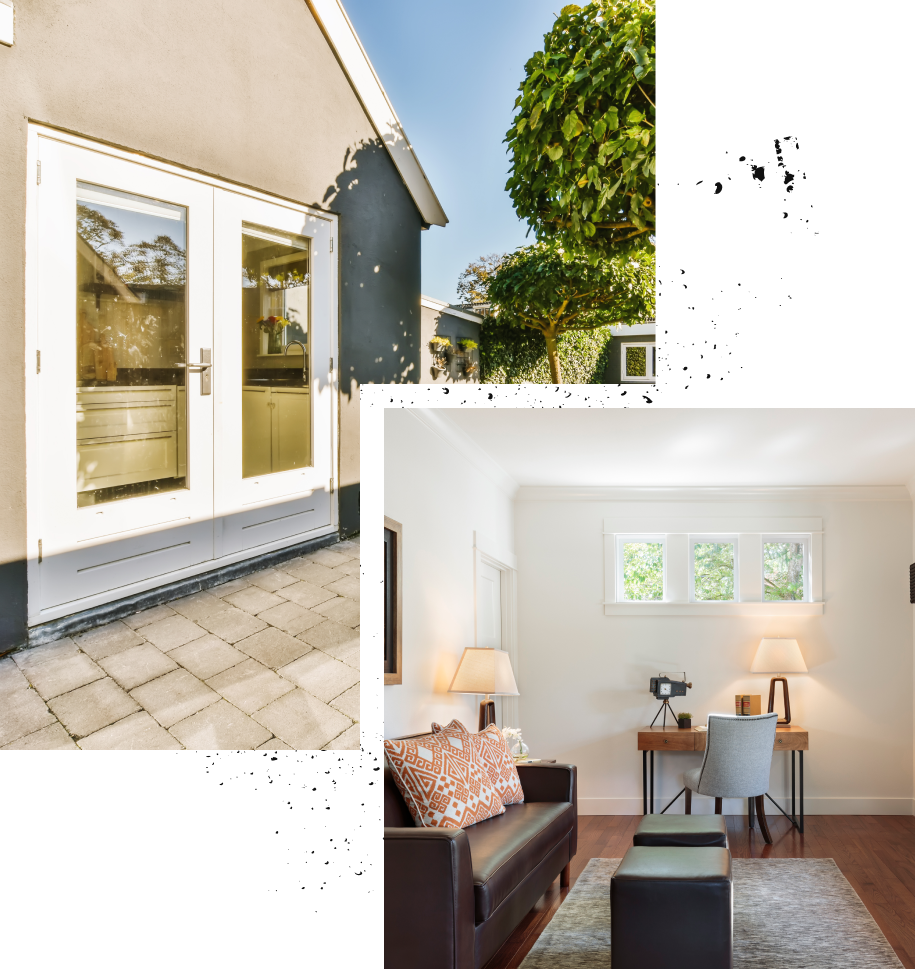 A picture of a house and a picture of a living room