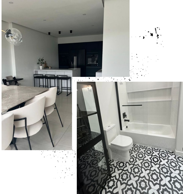 A picture of a house and a picture of a kitchen.