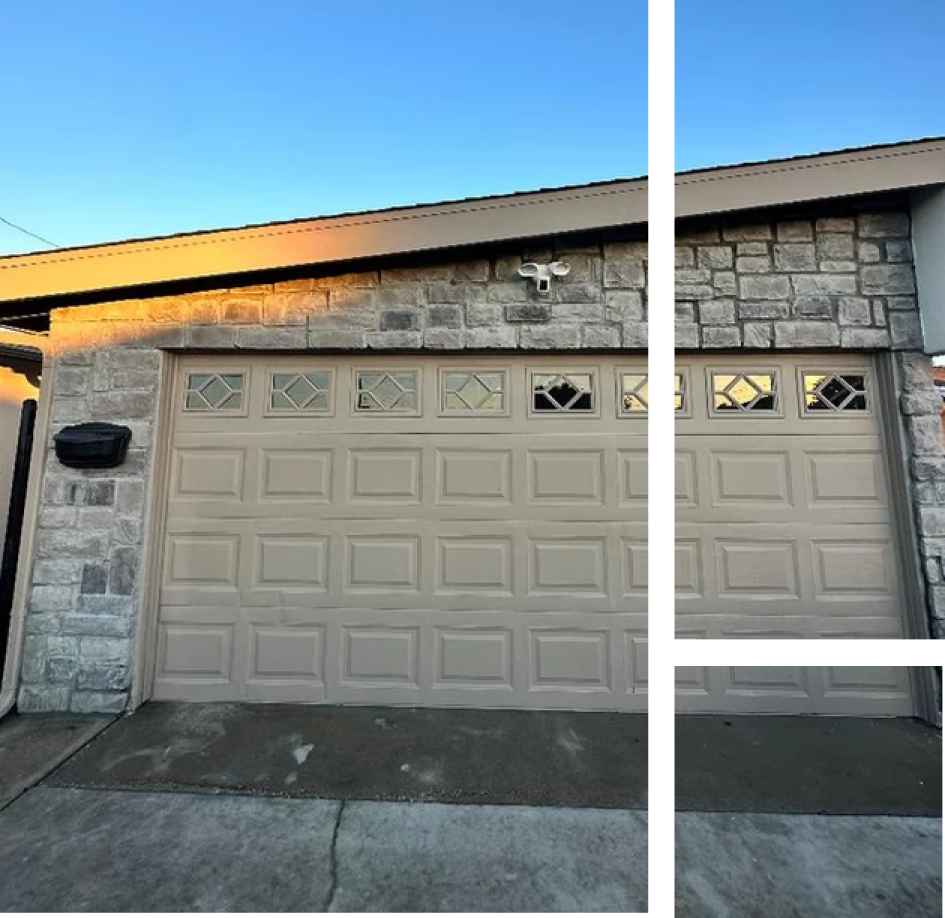 A picture of a garage door before and after being painted