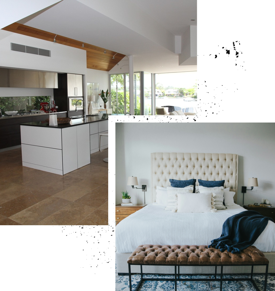 A picture of a kitchen and a picture of a bedroom