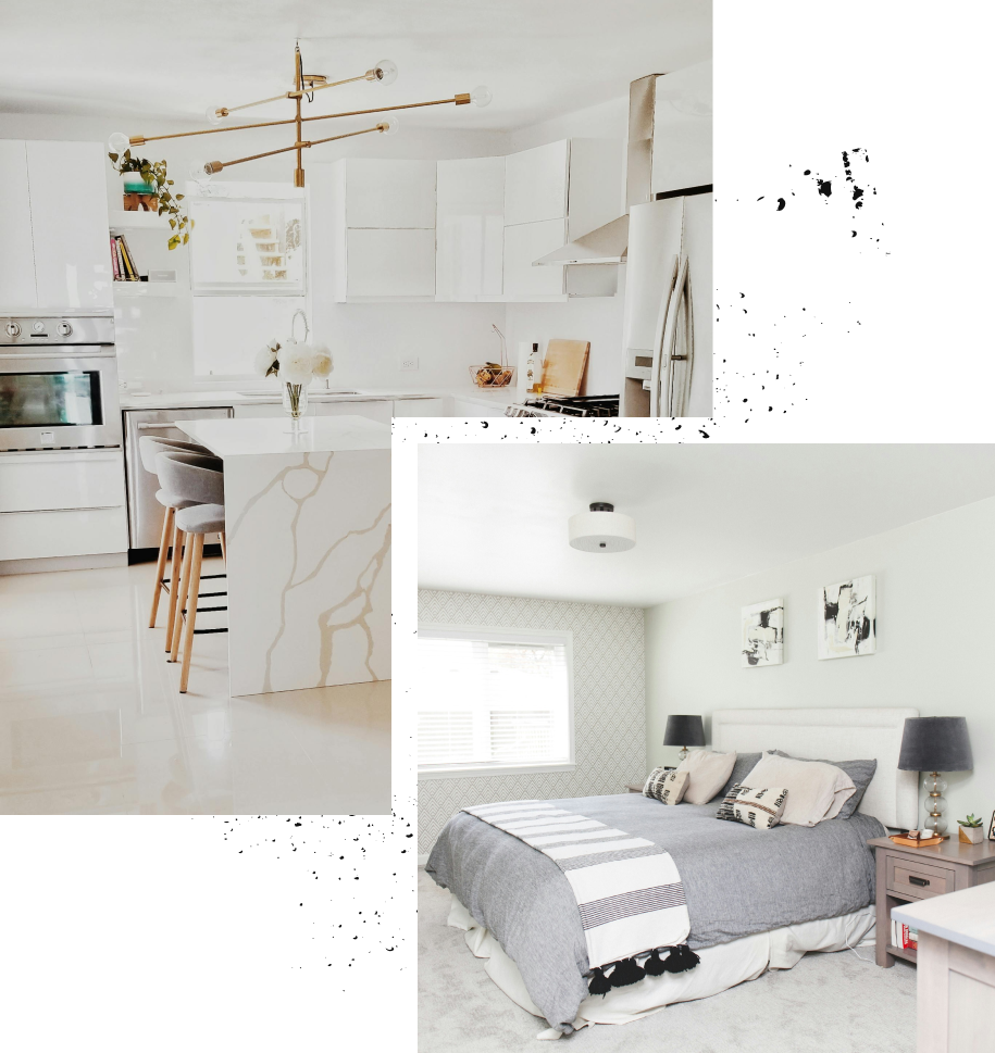 A kitchen and a bedroom are shown in a collage