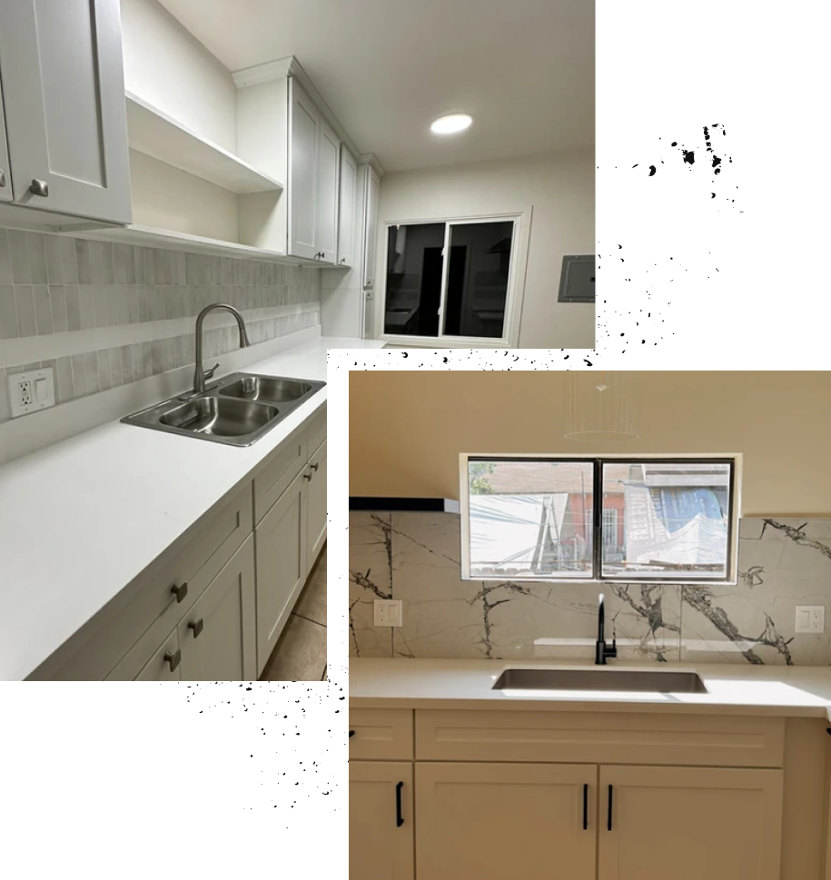 A kitchen with white cabinets and a sink and a window