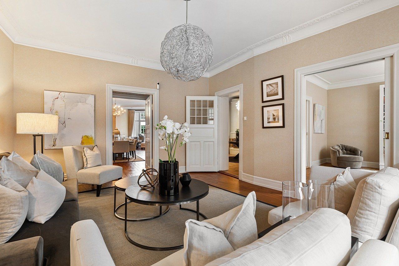 A living room filled with furniture and a coffee table.