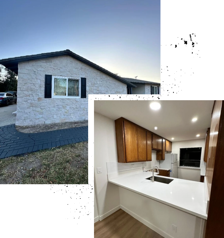A picture of a house and a picture of a kitchen.