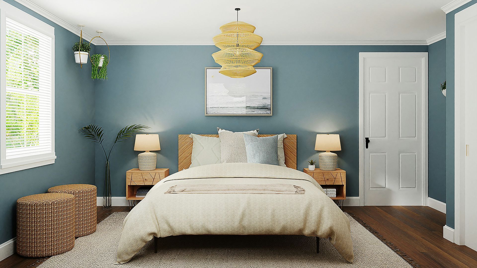 A bedroom with a bed, nightstands, lamps and a rug.