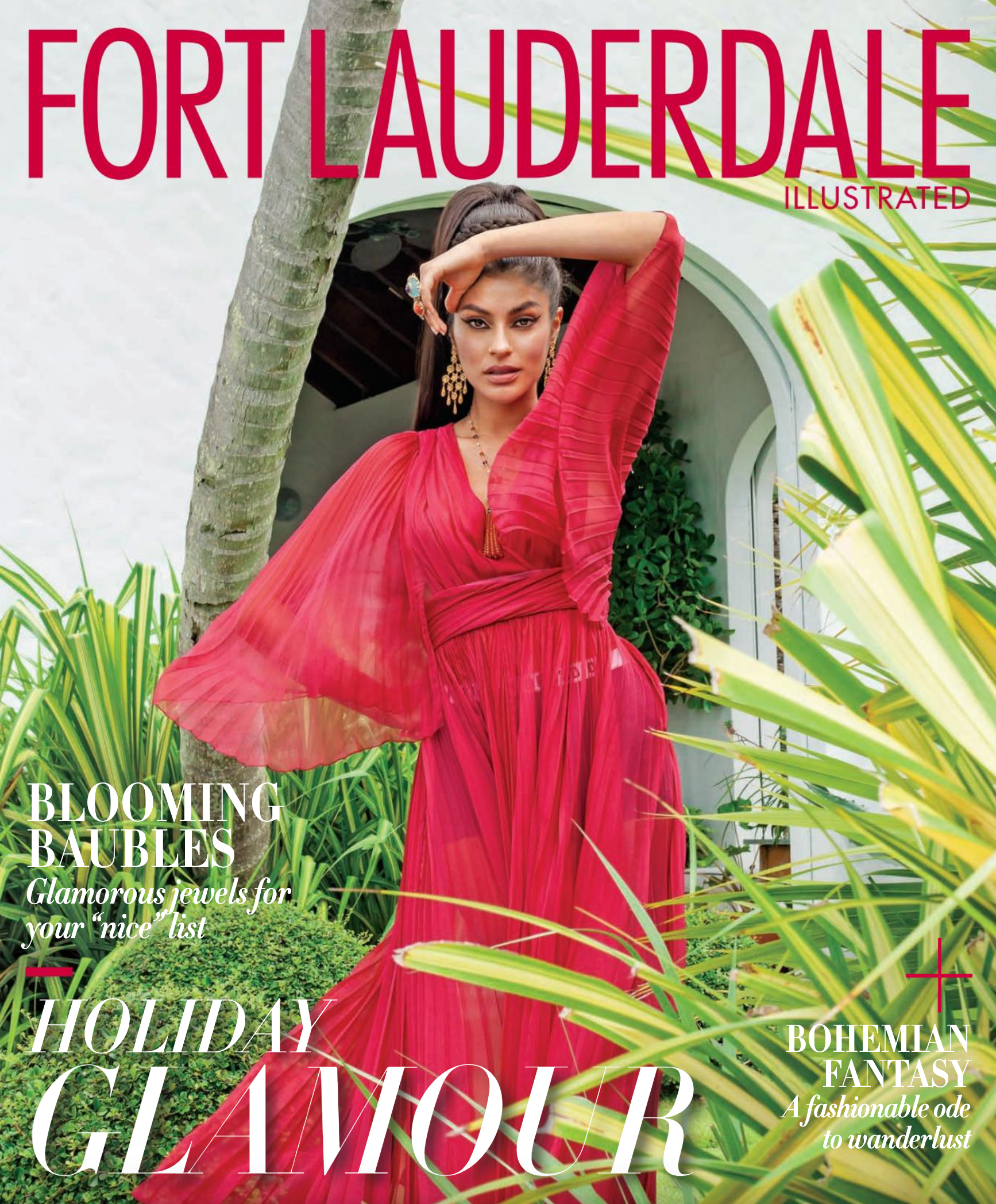 A woman in a red dress is on the cover of a fort lauderdale magazine.