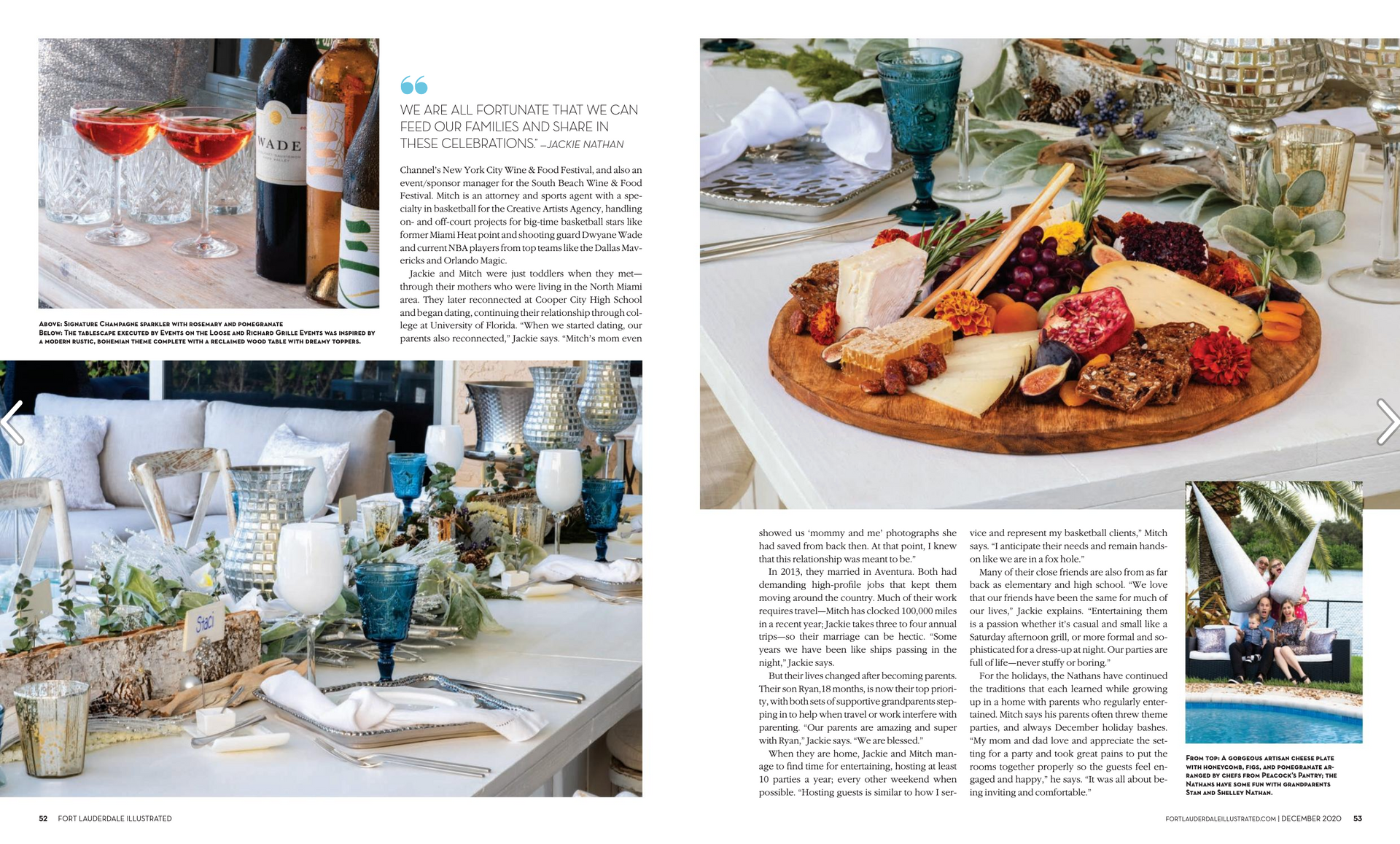 A magazine page with a table setting and a plate of food on it.
