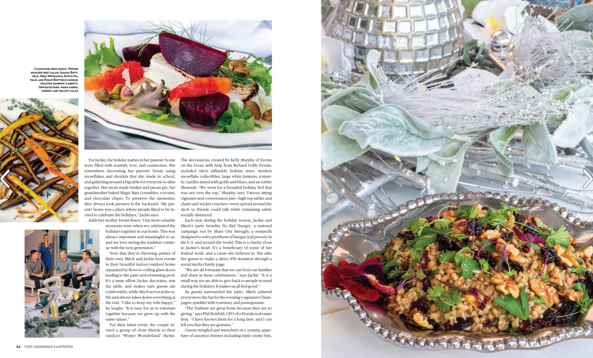 A magazine is open to a page with a plate of food on it.